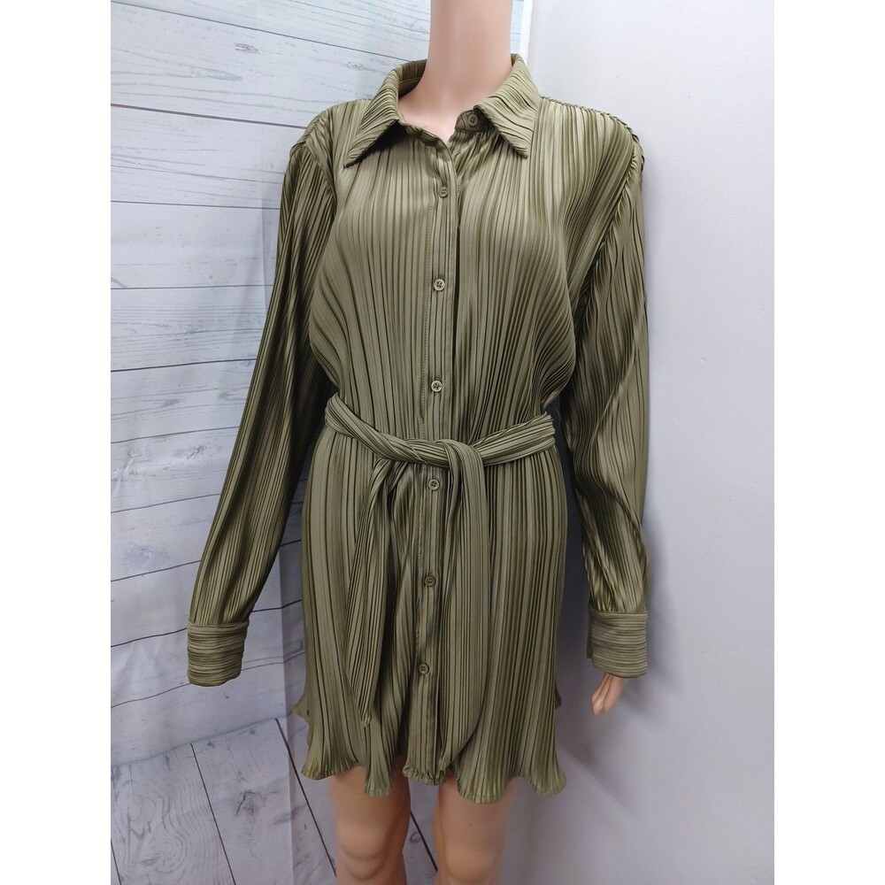 Dress Forum Los Angeles Top Sz L Olive Green Button Down Belted Pleated